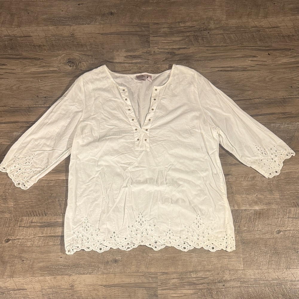 Chico's 100% Cotton White Eyelet Blouse with Metal Detalk V-Neck - Size 2 (L)